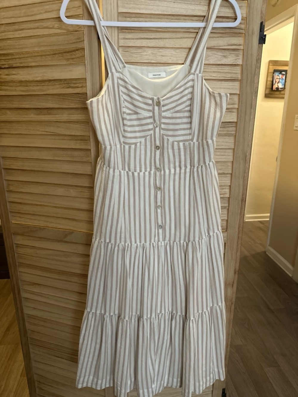 Maurices Cream and Beige Striped Button-Front Tiered Maxi Dress